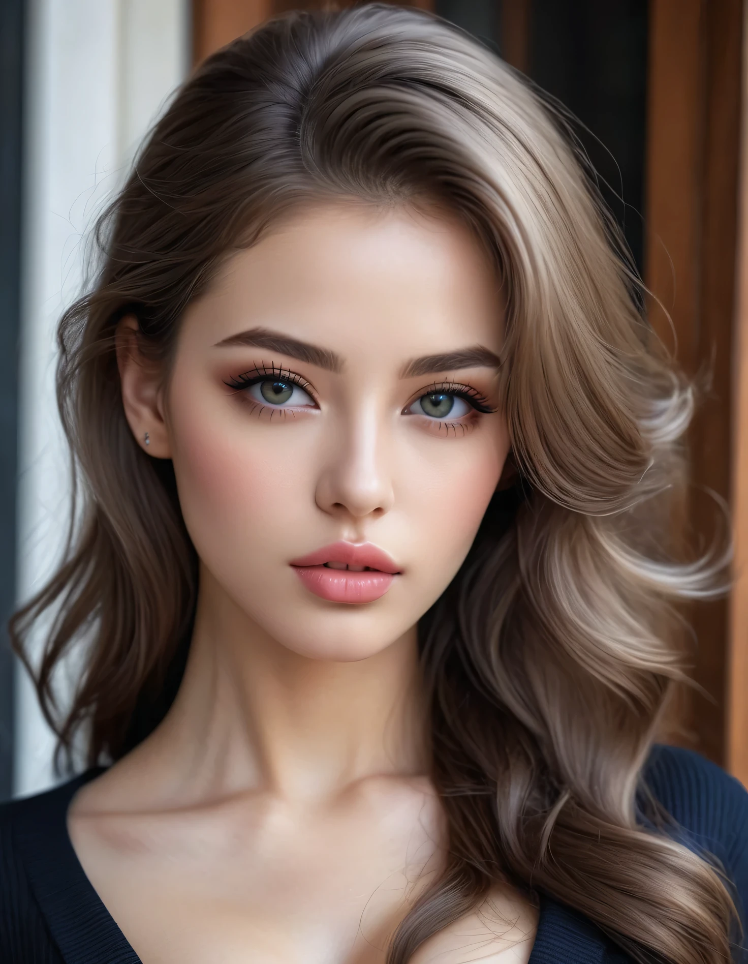 photorealistic Realism 16K Quality: ((ultra absurd details quality realistic texture skin)), (extremely beautiful face, beautiful lips, beautiful eyes), intricate detail face, ((Hyper details realistic black_eyes:1.35)), ((finely details pupils:1.3)), Perfect makeup, ((detailed symmetrical lips:1.3)), Photorealistic photo (portrait), 1 European Girl, ((platinum medium hair slicked to the side, extremely detailed)), ((perfect proportions))), ((anatomically correct)), (big full breasts:1.3), with a perfect body, super fine face and eyes, (light makeup, [[[pink lipstick]]], eyeliner), ((perfect hands:1.2)), ((perfect female body:1.4)), cute girl, ((super beautiful cute sharp-face)), ((perfect legs)), hotmodel, Midriff, Highly detailed eyes and pupils, Slim body shape, cleavage, very detail hair, Delicate sexy face, ((For fashionable clothes)), ,The background is a town