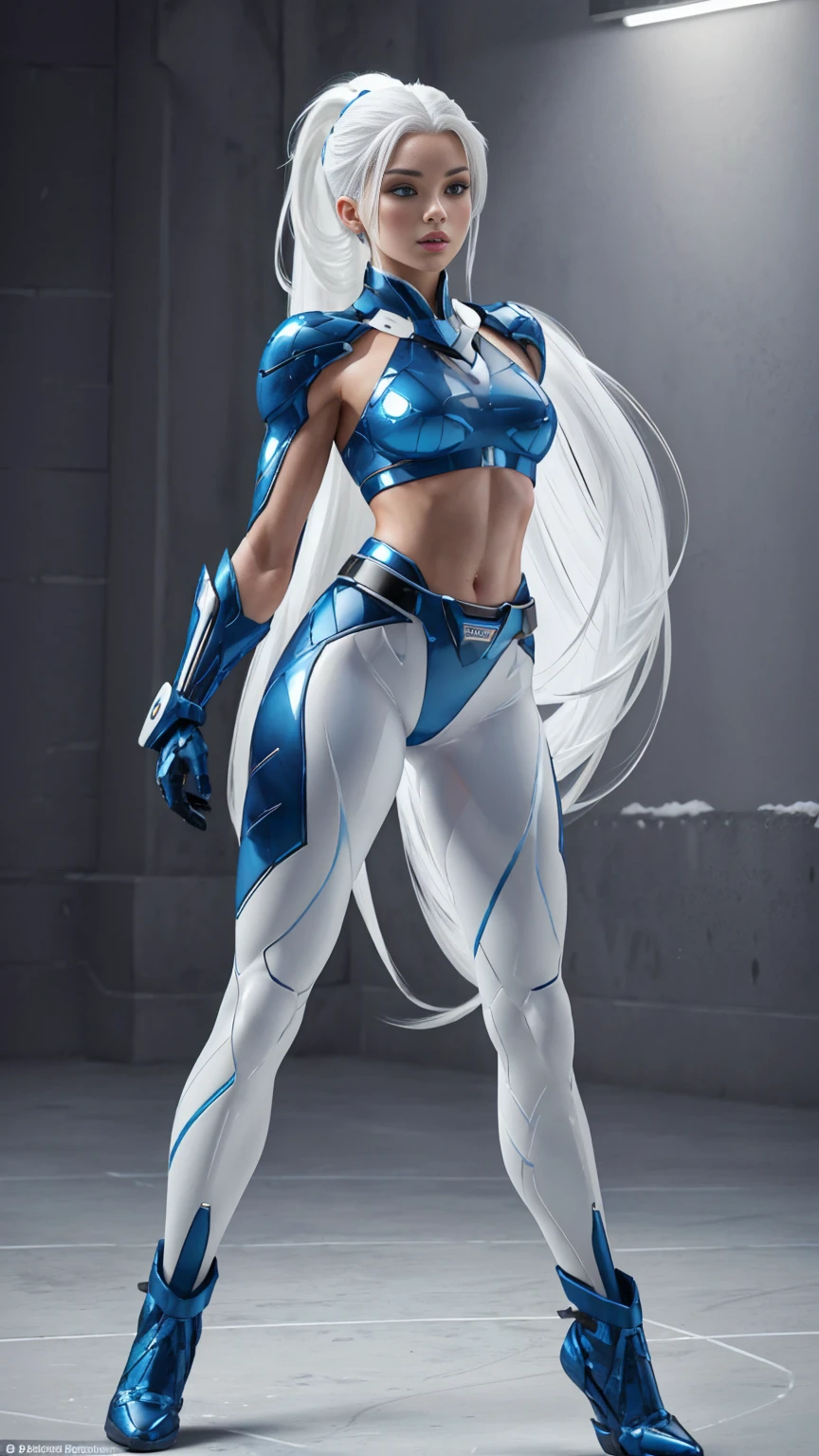 (((full body photo))), ((Full body photo,standing, feet on the ground)) ( Masterpiece, 4k resolution, ultra-realistic, very detailed) sexy beautiful superheroine, has ice powers, white hair ponytail, back midriff with blue outlines and a snowflake symbol on her right, has black gloves with fur on her the wrist part, wears black tight pants, with a blue belt, blue lines full body in the style of realism, glistening skin, , natural lighting, Defined full lips. fitness feminine body. portrait photography by artgerm, in the style of realism, glistening skin, , natural lighting, Defined full lips. Muscular fitness feminine body,