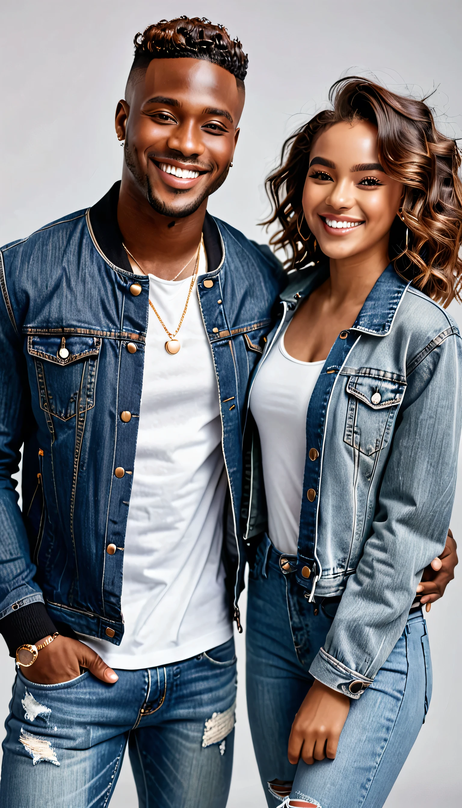 Generate a realistic image of a handsome black man with short hair and a bronzed complexion, smiling. He is wearing a casual chic outfit with a trendy jacket and jeans, with IS white, sexy and georgeous girlfriend with long wavy hair. They are taking photos romanticaly.