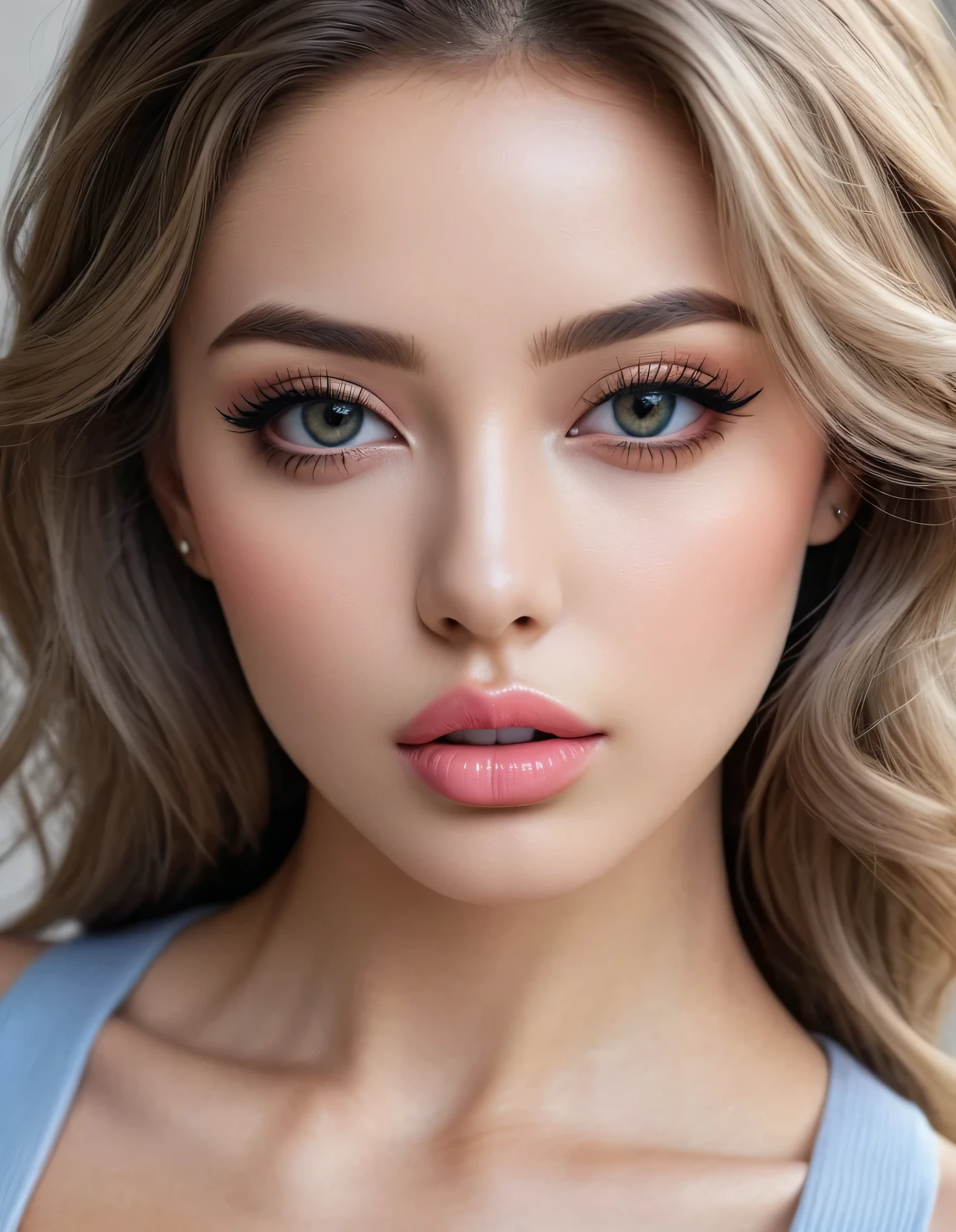 photorealistic Realism 16K Quality: ((ultra absurd details quality realistic texture skin)), (extremely beautiful face, beautiful lips, beautiful eyes), intricate detail face, ((Hyper details realistic black_eyes:1.35)), ((finely details pupils:1.3)), Perfect makeup, ((detailed symmetrical lips:1.3)), Photorealistic photo (portrait), 1 European Girl, ((platinum medium hair slicked to the side, extremely detailed)), ((perfect proportions))), ((anatomically correct)), (big full breasts:1.3), with a perfect body, super fine face and eyes, (light makeup, [[[pink lipstick]]], eyeliner), ((perfect hands:1.2)), ((perfect female body:1.4)), cute girl, ((super beautiful cute sharp-face)), ((perfect legs)), hotmodel, Midriff, Highly detailed eyes and pupils, Slim body shape, cleavage, very detail hair, Delicate sexy face, ((For fashionable clothes)), ,The background is a town