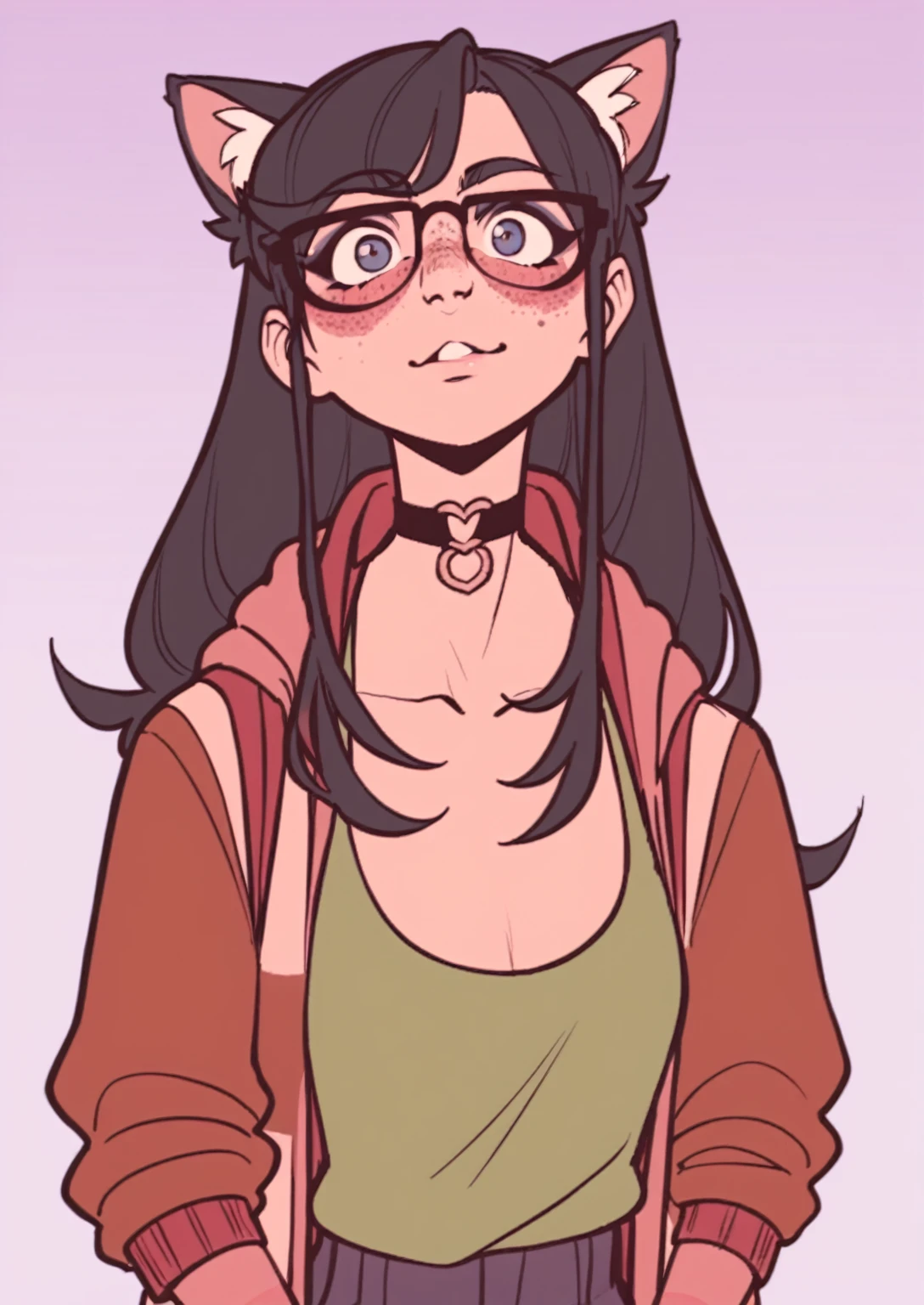 score_8_up, score_7_up, score_6_up, score_5_up, score_4_up, anime screenshot
1girl, solo, long hair, black hair, cat years, no freckles, thin glasses, standing, upper body, looking at viewer, jacket, shirt, choker
, looking up, :3, squishing face 