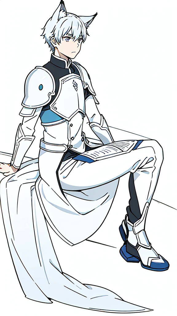 (1boy,15 years old),short hair,solo,white armor ,silver hair,fox ears,(white background,line drawing),sitting,from side, looking away,full body,serious
