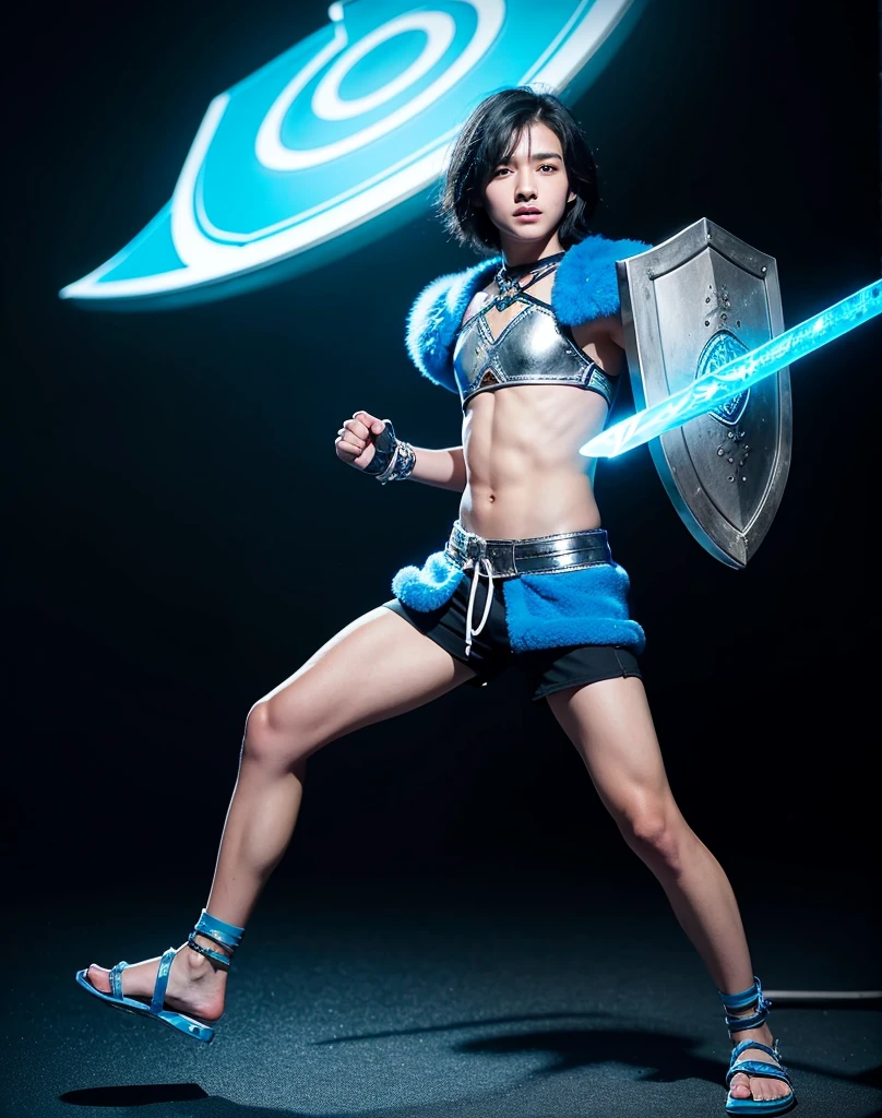 Young 13-year-old boy with black hair and brown eyes, innocent and happy, dressed in short neon-blue medieval barbarian clothes, fur shorts, light-blue battle armor, weilding silver sword and shield, sandals; fullbody; short hair, boyish athletic, sexy,