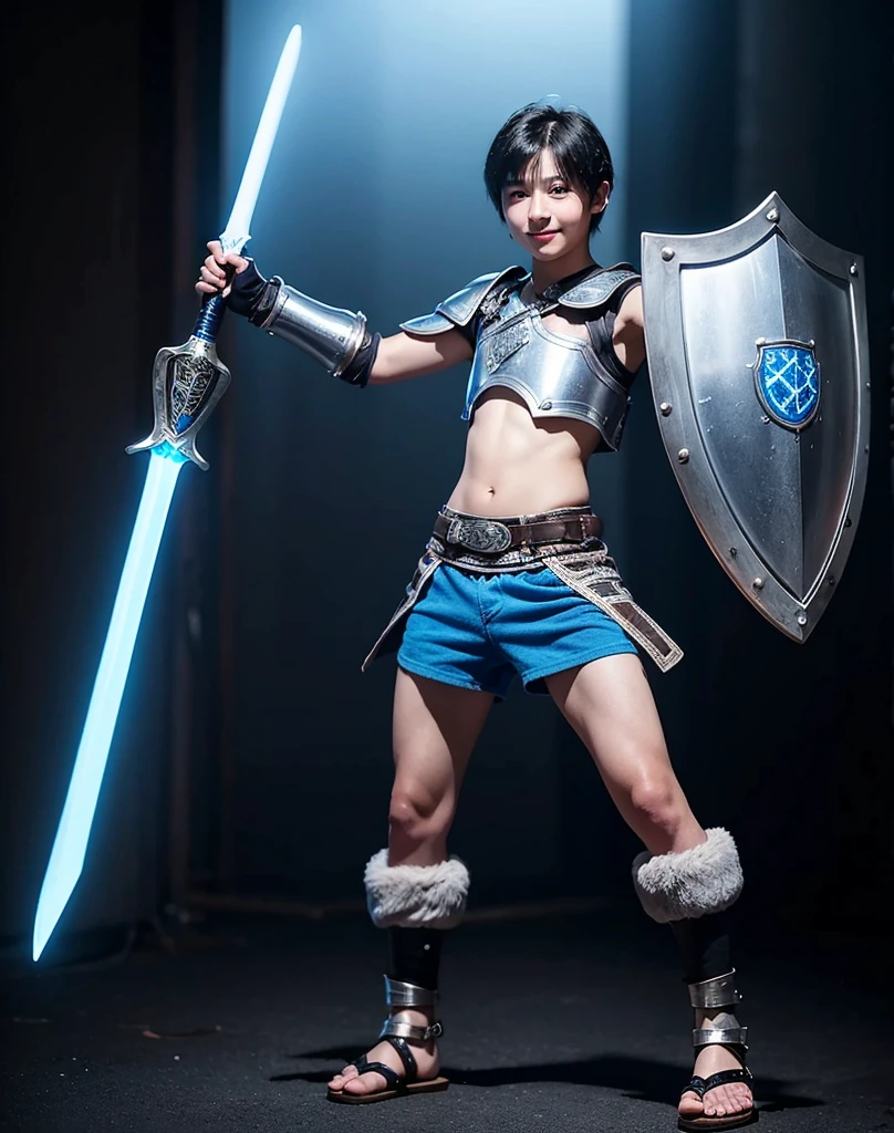 Young -yeld boith black hair and brown eyes, innocent and happy, dressed in short neon-blue medieval barbarian clothes, fur shorts, light-blue battle armor, weilding silver sword and shield, sandals; fullbody; short hair, boyish athletic, sexy,