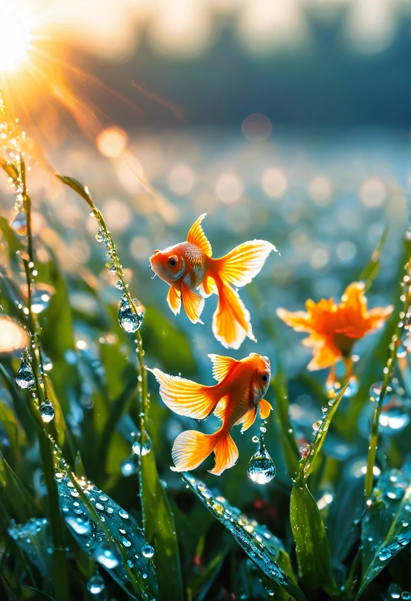 The first rays of sunlight in the morning，(((dewdrops on flowers，(sunrise)，))).Goldfish in the sky，Nice photos，HD Wallpapers，