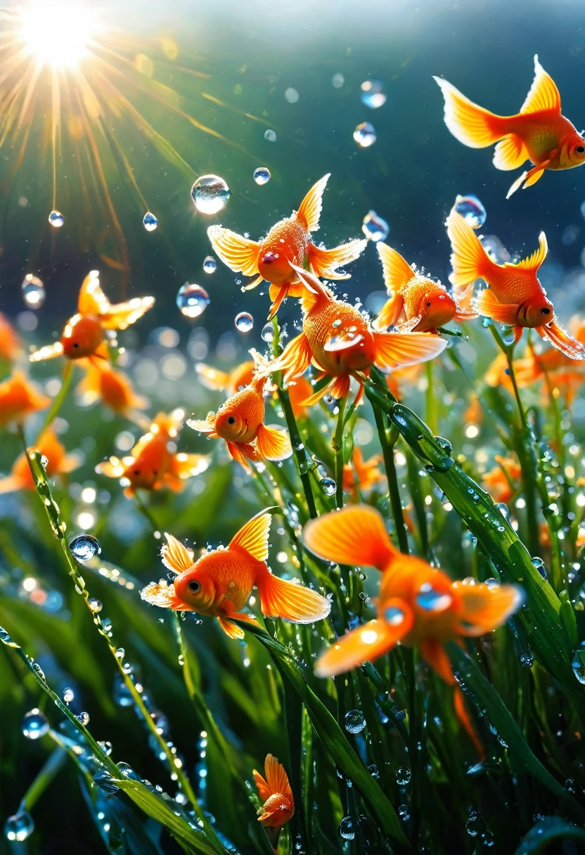 The first rays of sunlight in the morning，(((dewdrops on flowers，(sunrise)，))).Goldfish in the sky，Nice photos，HD Wallpapers，