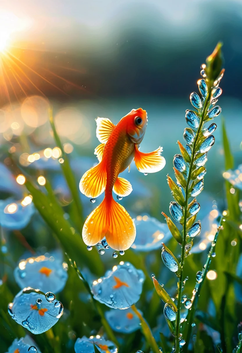 The first rays of sunlight in the morning，(((dewdrops on flowers，(sunrise)，))).Goldfish in the sky，Nice photos，HD Wallpapers，