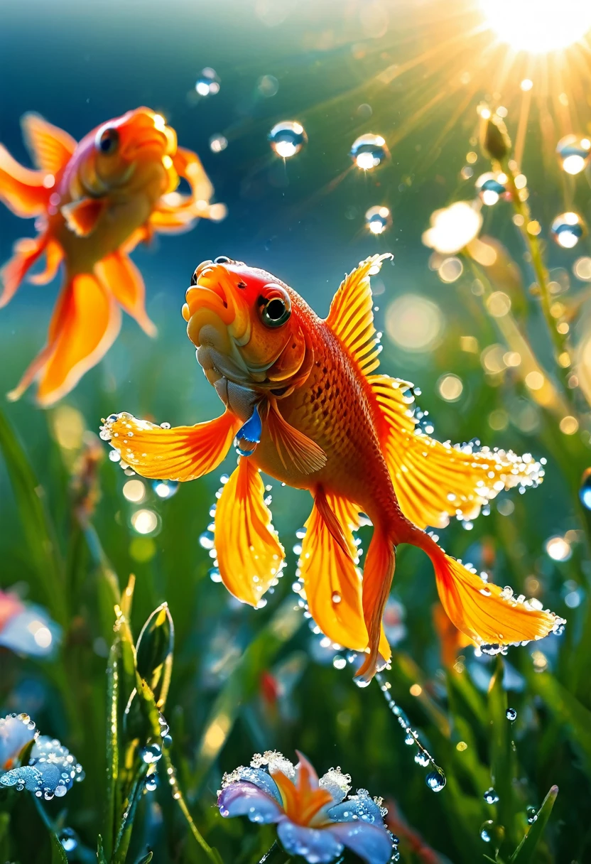 The first rays of sunlight in the morning，(((dewdrops on flowers，(sunrise)，))).Goldfish in the sky，Nice photos，HD Wallpapers，