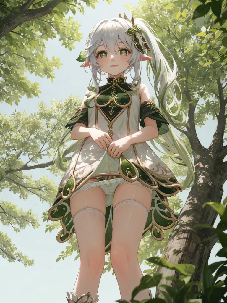 masterpiece, nahidadef, , standing, shiny skin, panty pulling, smile, looking at viewer, tree, (from below:1.2), cinematic lighting,