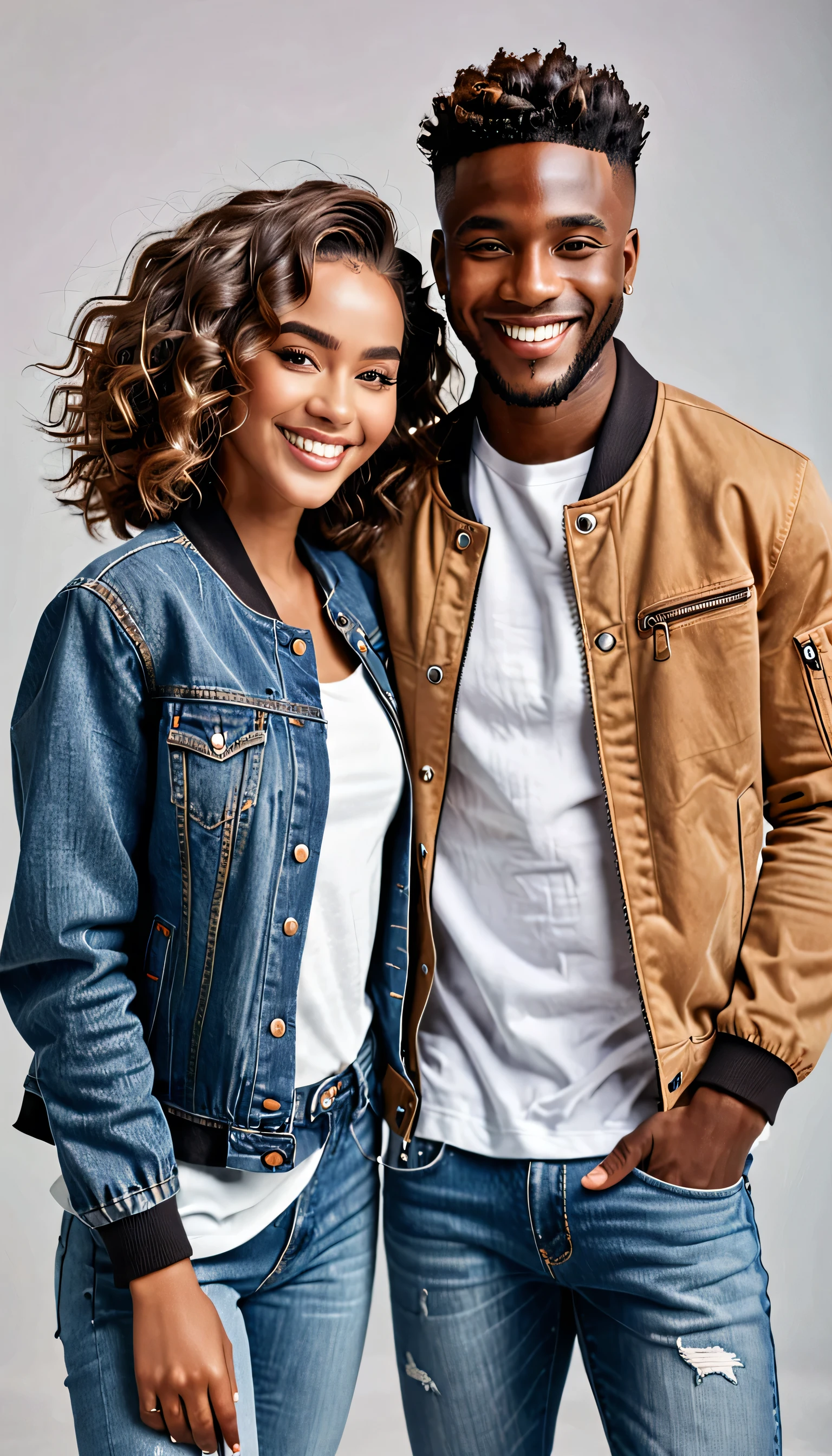 Generate a realistic image of a handsome black man with short hair and a bronzed complexion, smiling. He is wearing a casual chic outfit with a trendy jacket and jeans, with IS white, sexy and georgeous girlfriend with long wavy hair. They are taking photos romanticaly.