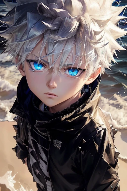 Boy Anime with blue eyes and spiked hair standing on a beach, Boy Anime, killua zoldyck, tall anime guy with blue eyes, killua zoldyck black hair, blonde boy with yellow eyes, anime character, Awesome anime face portrait, anime wallpaper 4k, retrato de killua zoldyck, knees, epic anime style