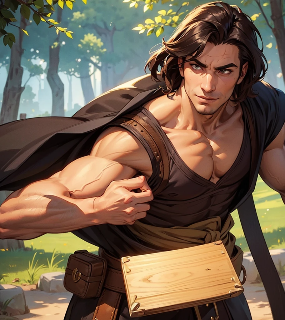 (((Solo character image.))) (((Generate a single character image.)))  (((Dressed in medieval fantasy attire.))) (((Very sexy facial expression.)))  Sexy male fantasy character.  Physique like a male warrior.  Sexy smirk.  This is a dashing male adventurer in a high fantasy setting.  Dresses like a male gypsy.  Romani. Swashbuckler fashion.  He is attractive and has all the attributes that make him a heartthrob. (1boy, one male) (male focus) ((front view)) (full body),  ((muscular male, bodybuilder)), (large pectorals) (big pecs), (hairy), (chest hair, abdomen hair), thick epic, heroic, tanned, perfect face, (detailed facial features), long hair, sexy smile, outdoor setting, highly detailed, volumetric light, artstation, 