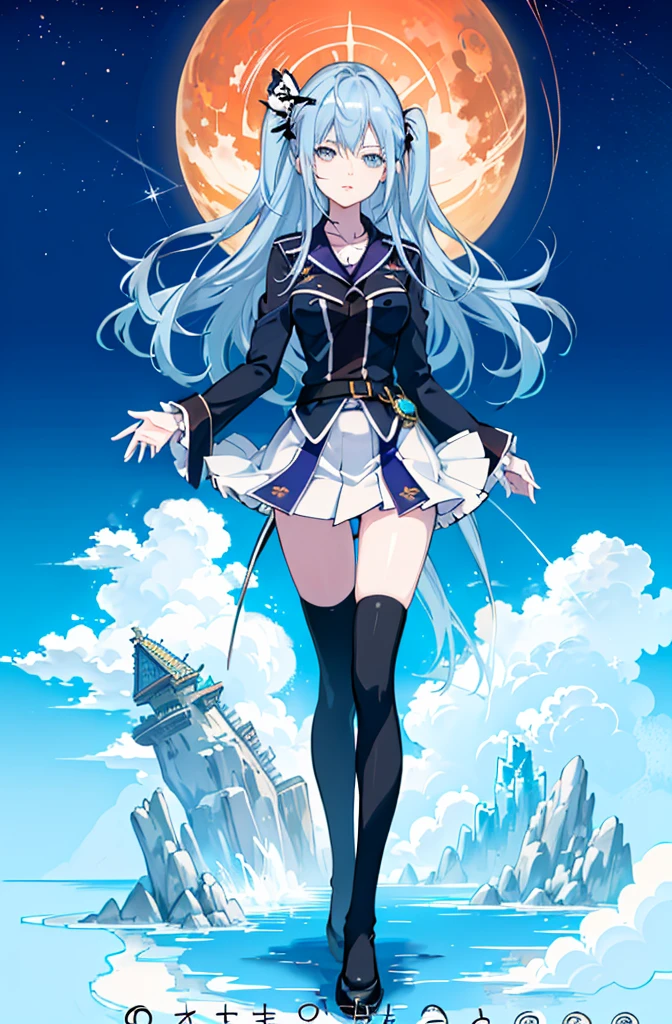 1girl,  solo, outdoors, long hair, holy place, Original,(Illustration:1.1),(Best Quality),(masutepiece:1.1),(the Extremely Detailed CG Unity 8K Wallpapers:1.1), (Colorful:0.9),(mid-shot:0.95),(extremely detailed beautiful face),(Solo:1.2), (girl),(((Lori))), (Detailed beautiful eyes:1.15), (Beautiful face:1.15), (Glowing blue eyes:1.25////),(((sky blue Long Hair))),(two side up),(+perfect hand+:1.21),(Draw illustration of Japan priestess costume),(slender),(White pleated skirt),(Gothic),((black thighhighs)),(frilld),(Beautiful Slender Lolita Girl),hallowween,standing, girl,,  girl,foggy place,vampire,sky blue hair,full body,whole body,