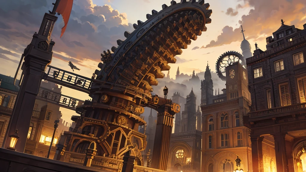 Steampunk world with gears and zeppelin