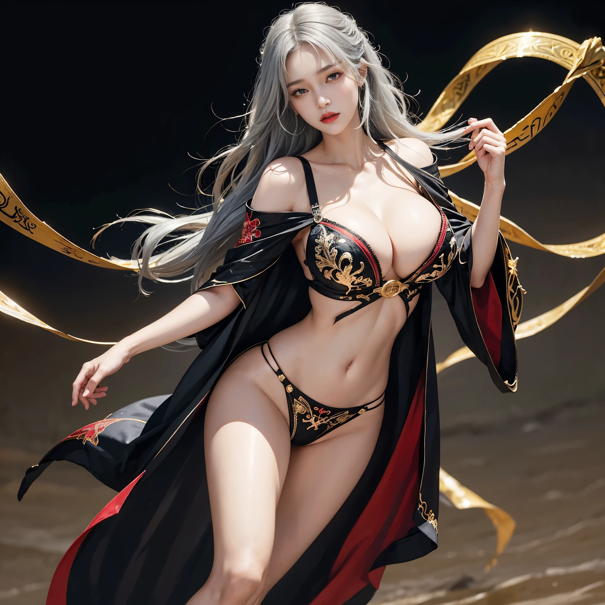 (Front Focus),((ultra gigantic tits))、((Upper body naked))、( Exposed)、(((Golden short hair)))、((Sexy embroidered red and gold and black witch costume))、((High quality red and gold and black witch costume with sexy embroidery))、((Sexy Witch、High quality red and gold and black witch costume with less fabric embroidery))、Sexy embroidery beautifully embroidered on red and gold and black witch costume,Decorated with fine witch costumes and fine jewelry with fine embroidery,photographrealistic,Dynamic Lighting,art stations,poster for,Volumetriclighting,extra detailed face,4 k'',((Colossal tits))、With diamonds,Sexy thighs,exposing the abdomen ,Chest 1 Girl, deepshadow, Full Body, The eyes are confused and seductive,legs separated, high resolution, 1women, mature female, 独奏, full body, jewelry, tattoo, white hair, long hair, make up, red lips, queen dress, realistic, high resolution, 1 woman, mature woman, alone, Tattoo, gray hair, long hair, assembly, red lips, queen dress, Image from head to toe, only standing, standing full body image, realistic, high resolution, 오직 1 woman, 오직 alone, look at the viewer, (detailed face), gray hair, silver hair, long hair, feet up, beautiful eyes, Huge big breasts that are about to explode, golden armor, BLACK & GOLD gi, transparent, pantyhose, bare shoulders, Dripping tops, Visible nipples, look at the viewer, Orientalism, My chest is very hollow, My chest is completely exposed, glamour, K cup, Bewitching, Crotch that is barely visible, ancient japanese background, realistic hands, realistic feet and legs, live action, Banla, masterpiece, very pretty face, Exposed breasts, 2 hands with 5 fingers each, Two feet with five toes each, Yukdeok, Voluptuousness