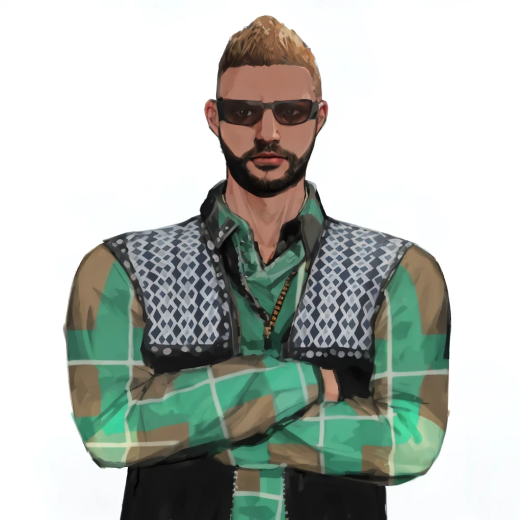 (masterpiece:1.2, best quality), (1men, solo, upper body:1.2),flat face,Hair: buzz cut, Clothing: oversized, distressed denim jacket with patches and pins, paired with black skinny jeans and combat boots, Hanging out in an underground music venue or street art exhibit