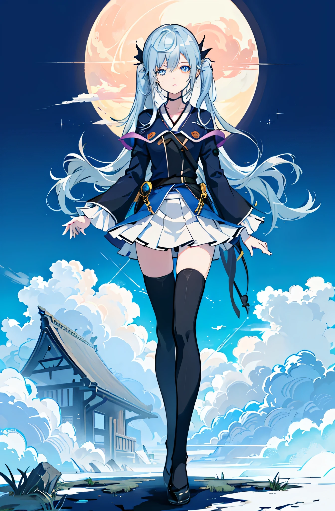 1girl, solo, outdoors, long hair, holy place, Original,(Illustration:1.1),(Best Quality),(masutepiece:1.1),(the Extremely Detailed CG Unity 8K Wallpapers:1.1), (Colorful:0.9),(mid-shot:0.95),(extremely detailed beautiful face),(Solo:1.2), (girl),(((Lori))), (Detailed beautiful eyes:1.15), (Beautiful face:1.15), (Glowing blue eyes:1.25////),(((sky blue Long Hair))),(two side up),(+perfect hand+:1.21),(Draw illustration of Japan priestess costume),(slender),(White pleated skirt),(Gothic),((black thighhighs)),(frilld),(Beautiful Slender Lolita Girl),hallowween,standing, girl,, girl,foggy place,vampire,sky blue hair,full body,whole body,