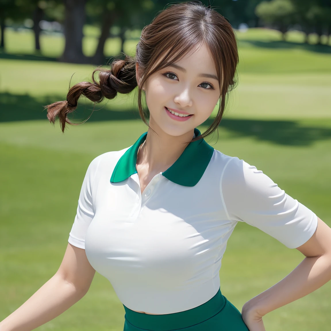 (masterpiece:1.3), High resolution, Very detailed, CG, 8K壁紙, Realistic, RAW Photos, (8K, Highest quality, masterpiece:1.2), (Realistic:1.4), Beautifully detailed face, Perfect and beautiful face, Beautiful and elaborate face, Accurate, Very detailedな顔と肌の質感, Detailed hair texture, Perfect body, (Fair skin:1.2), Beautiful eyes in every detail, Slim face and figure, Big eyes, (Glossy Lips, Natural color lip:1.4), ((Sexy sensual smile, Attractive sexy smile:1.4)), ((Beautiful woman, Random Cute Hairstyles:1.4)), ((Beautiful womanがゴルフ場でゴルフをしているシーン。She was wearing tight golf clothing....、This outfit accentuates her curves....。A polo shirt that fits snugly to the upper body、Sleeves are short、small logo on the chest。The bottom is a fitted mini skirt、Emphasizing feminine curves while also emphasizing ease of movement。She has a golf club、Pose just before swinging。Lush green fairway and blue sky in the background.、A refreshing landscape unfolds。Her expression was focused.、you'youのように感じるでしょう'Show off your golf skills...:1.4)), ((Full Body Shot:1.4)), (Gazing at the audience:1.3), ((sexy shot looking at camera, Bold sexy pose:1.3)), (Detailed Background:1.2), Perfect dynamic composition
