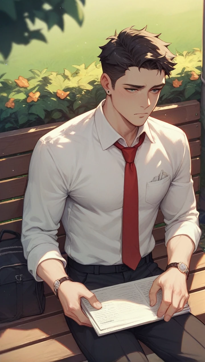 a boy is unemployed sad
And he is sitting alone on a bench in the park with papers spread in his hand or an laptop kept nearby, wearing a formal dress, white shirt, black pent, red tie,