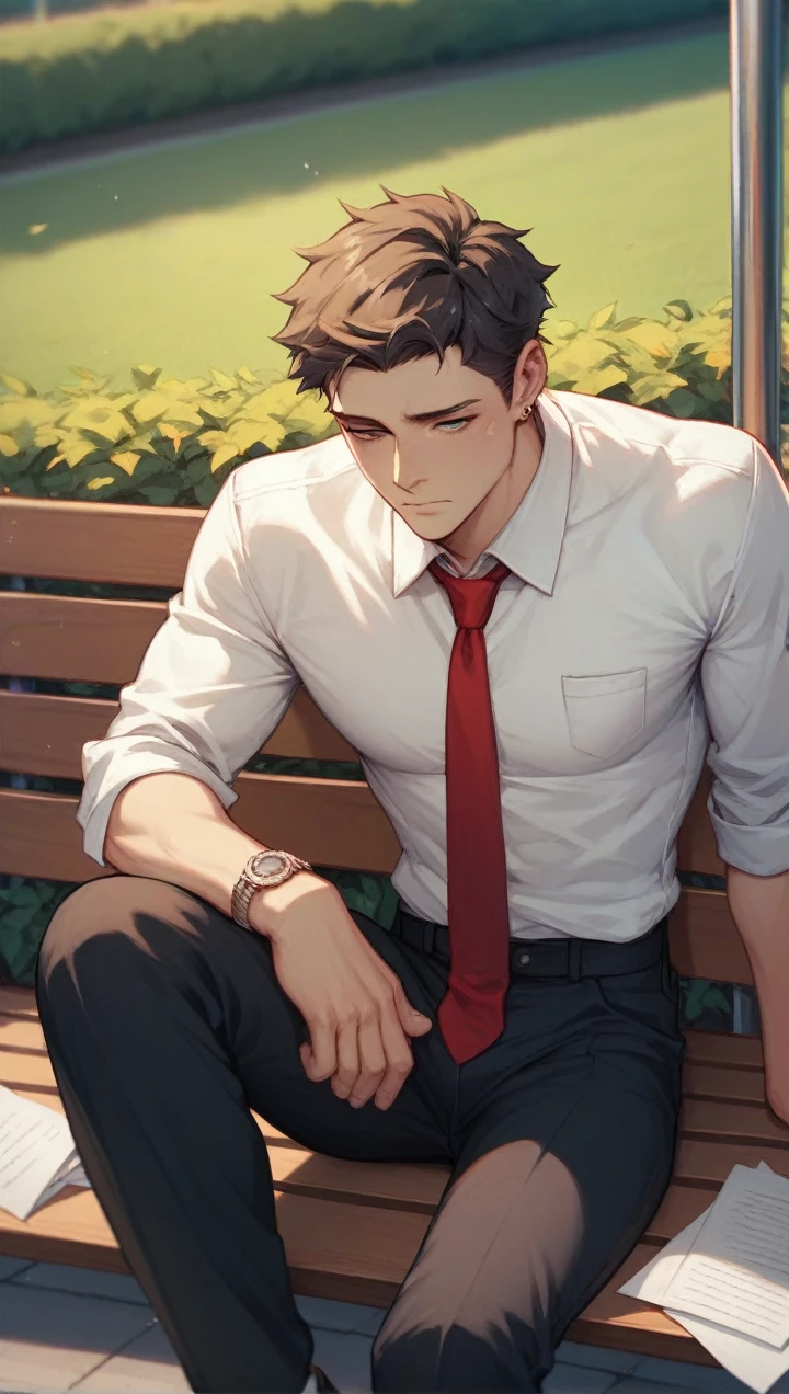 a boy is unemployed sad
And he is sitting alone on a bench in the park with papers spread in his hand or an laptop kept nearby, wearing a formal dress, white shirt, black pent, red tie,