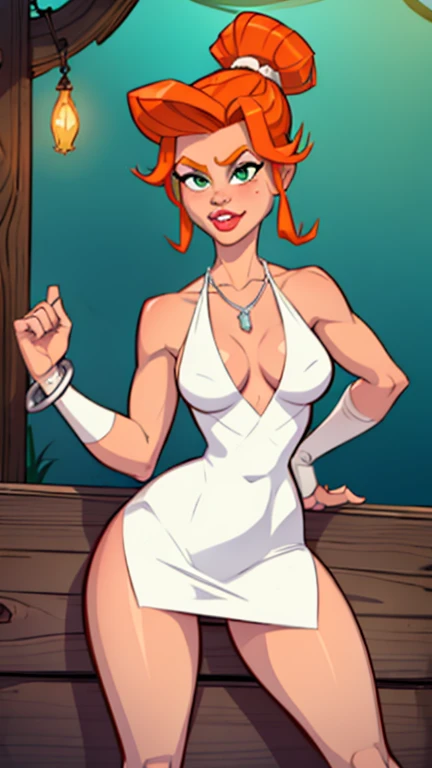 1girl, wilma, the flintstones, Best quality, masterpiece, cowboy shot, orange hair thight in a bun, green eyes, tight mini white dress made of leather and stiches cloth, bdsm, rope tie, shackles,  prehistoric scene, necklace made by round white rocks in a row