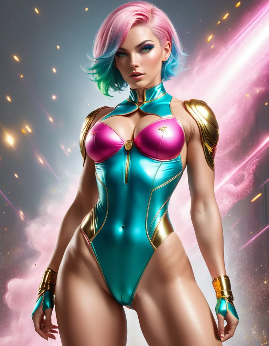 GORGEOUS GODDESS WOMAN , TALL WOMAN BODY, TALL WOMAN, STRONG CURVY ATHLETIC BODY, MUSCLES, BLUE PINK COSTUME, THONG BODYSUIT, GOLD DETAILS, EXPOSED GORGEOUS THIGHS, SWEATY GLUTES, STRONG GLUTES, GOLD TENIS, GOLD GAUNTLETS, SHORT BLUE GREEN PINK HAIR, SHORT CUTHAIR STYLE, VERY PALE SKIN, HAIR, EXPRESSIVE LIGHT GRAY EYES, HIGH CHEEKBONE, ROSY CHEEKS, STRAPLESS BODYSUIT, FULL BODY PERSPECTIVE, SIDE BODY VIEW, WAR CENARY, SENSUALITY, MITHOLOGY, MASTERPIECE