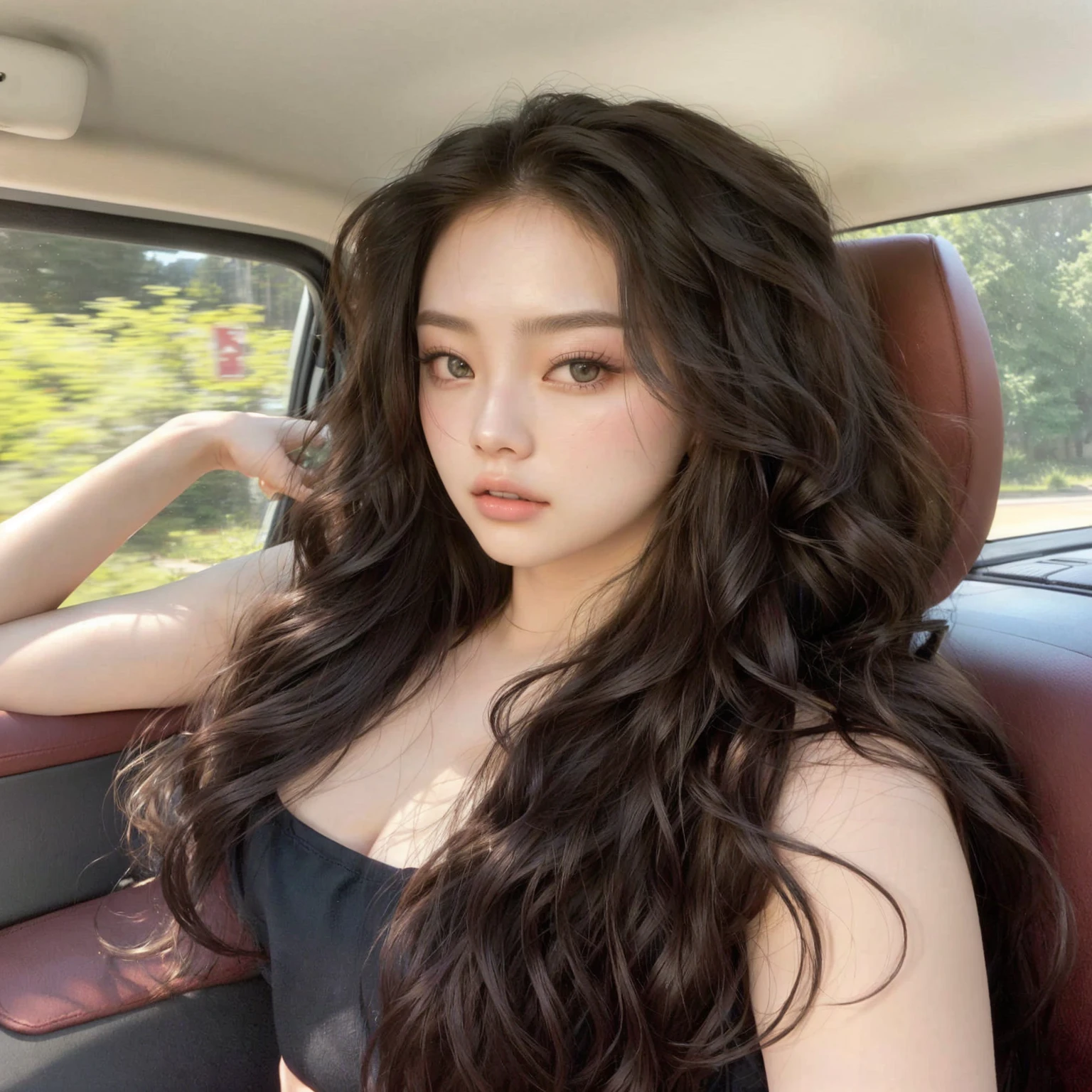 araffes with long hair sitting in a car with a window open, angelawhite, amouranth, kailee mandel, kaitlyn michelle siragusa, russian girlfriend, anna nikonova aka newmilky, 19-year-old girl, long curly brown hair, long messy curly hair, violet myers, gorgeous lady, 18 years old , blackpink jennie , blackpink Lisa , asian famale face , cute girl , Korean famale