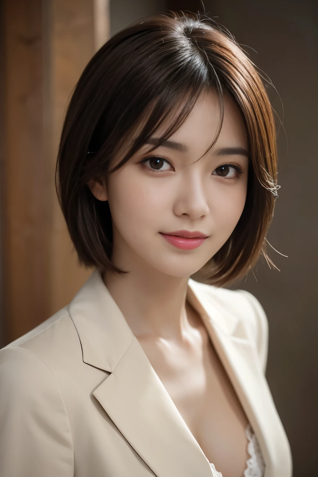 The best quality at its best, Realistically, Super detailed, More about pubic hair, High resolution, Plain background,8k wallpaper, One beautiful woman,,Light brown short hair, Wear a dark suit, Lock Focus, Perfect dynamic composition, Beautiful Eyes, Delicate hair, 细致Realistically的皮肤纹理, smile, Close-up portrait, Model Body Type