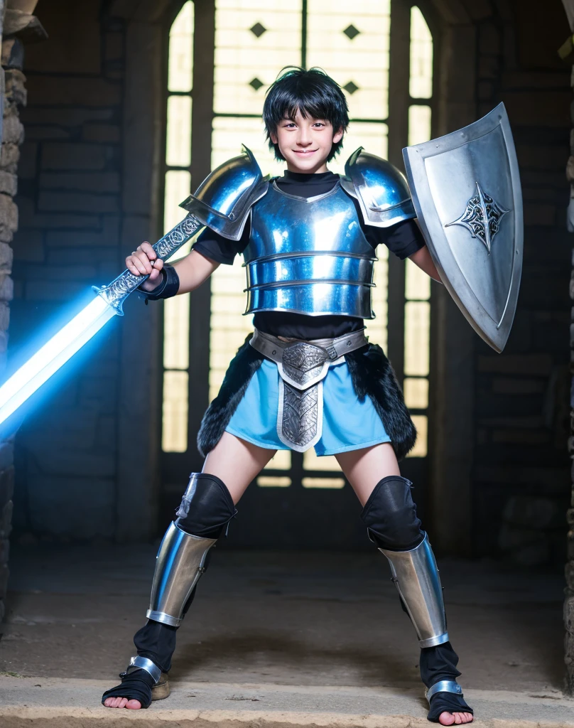 Young 13-year-old boy with black hair and brown eyes, innocent and happy, dressed in short neon-blue medieval barbarian clothes, fur shorts, light-blue battle armor, weilding silver sword and shield, sandals; fullbody; short hair, boyish athletic, sexy,