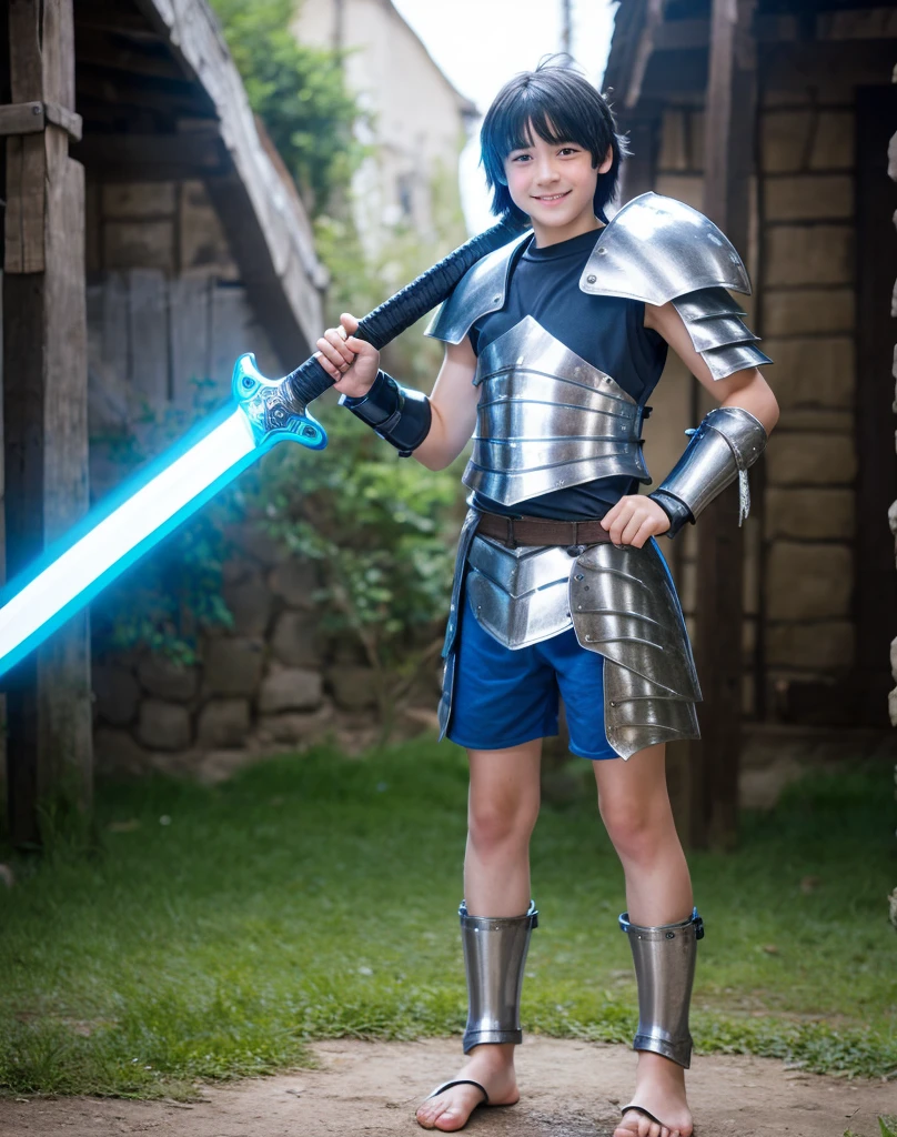 Young 13-year-old boy with black hair and brown eyes, innocent and happy, dressed in short neon-blue medieval barbarian clothes, fur shorts, light-blue battle armor, weilding silver sword and shield, barefoot; fullbody; short hair, boyish athletic, sexy,