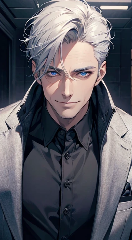 a mature man, very handsome, short grey white hair, blue eyes, perfect detailed face, buttoning his jacket, CEO, smiling, cinematic lighting, 1:4 hdr image, top view, ultra detailed, photorealistic, 8k, masterpiece, best quality