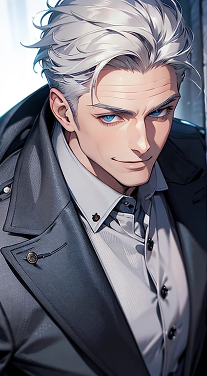 a mature man, very handsome, short grey white hair, blue eyes, perfect detailed face, buttoning his jacket, CEO, smiling, cinematic lighting, 1:4 hdr image, top view, ultra detailed, photorealistic, 8k, masterpiece, best quality