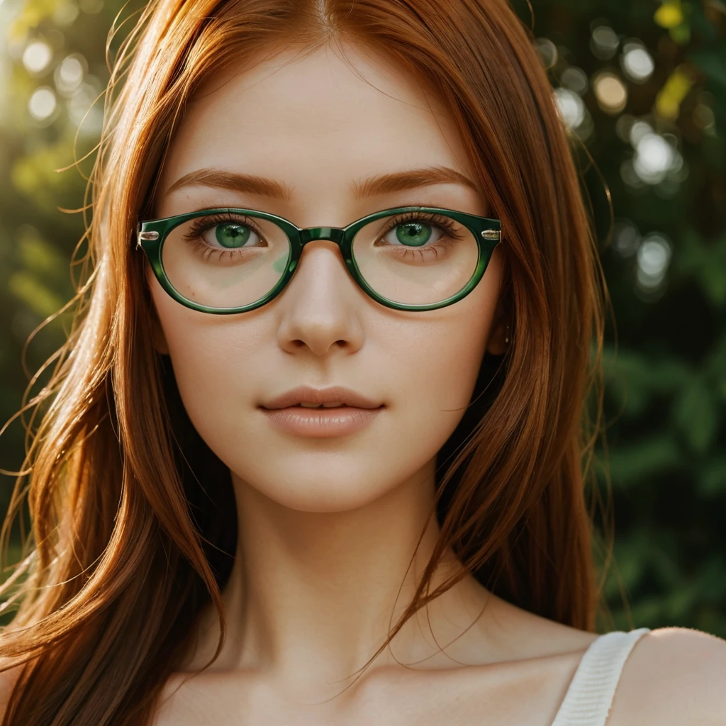 Close-up of Cute beautiful Ginger woman, green eyes, glasses, morning light