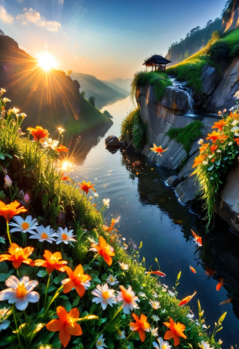 The first rays of sunlight in the morning，cliff，slopes，Dew drops on beautiful flowers，(sunrise)，Goldfish in the sky，Beautiful picture，HD Wallpapers