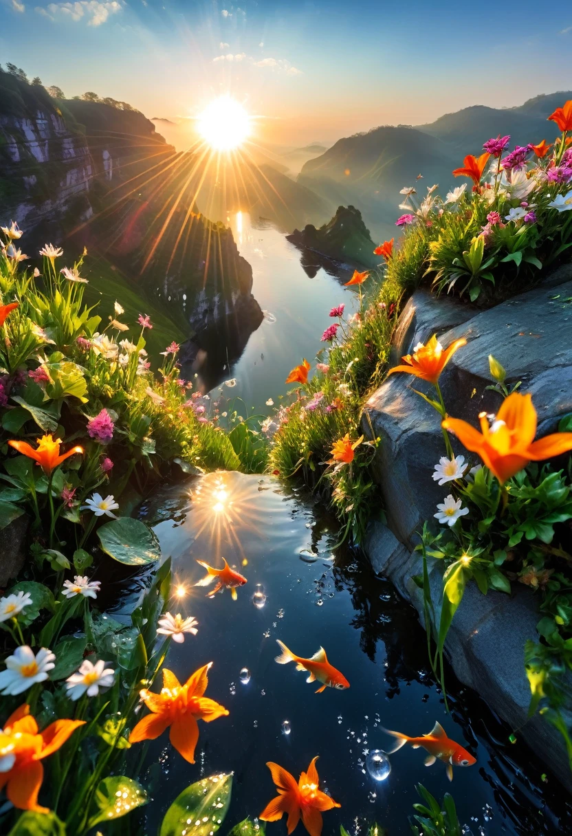 The first rays of sunlight in the morning，cliff，slopes，Dew drops on beautiful flowers，(sunrise)，Goldfish in the sky，Beautiful picture，HD Wallpapers