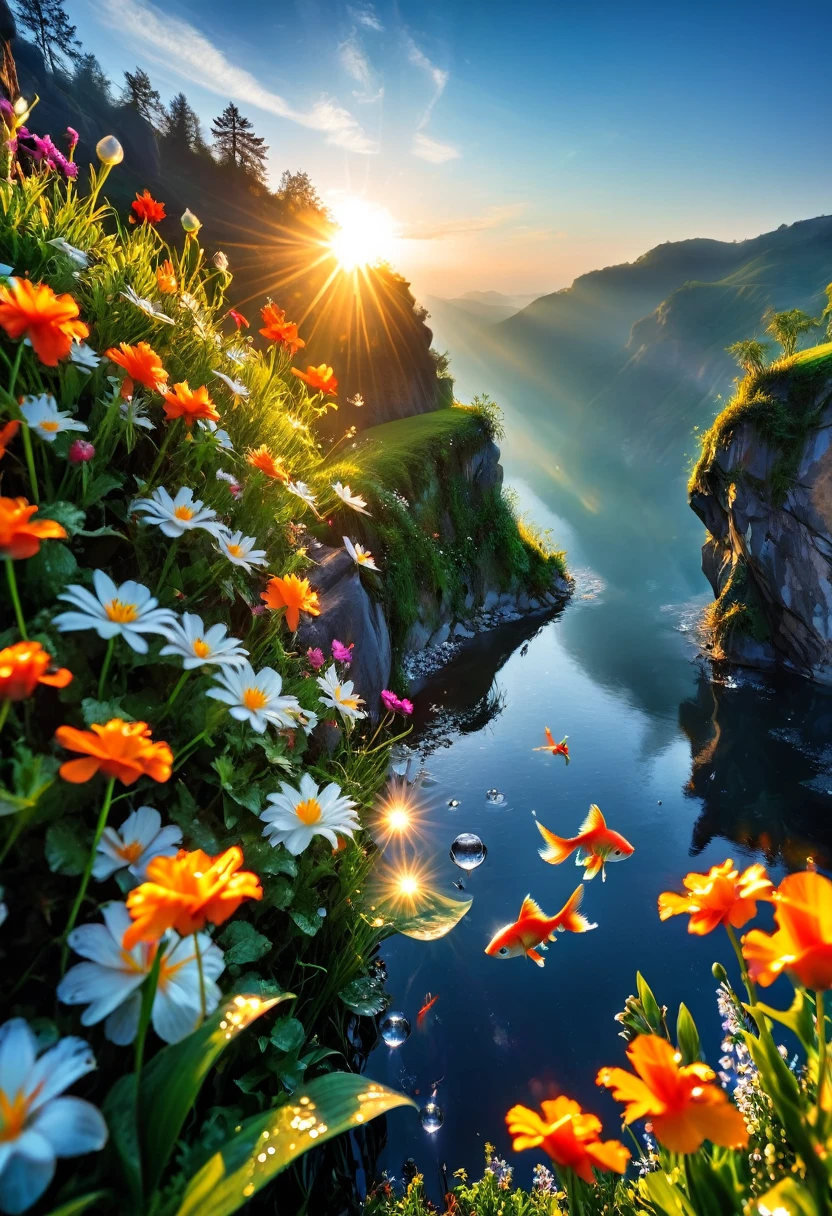 The first rays of sunlight in the morning，cliff，slopes，Dew drops on beautiful flowers，(sunrise)，Goldfish in the sky，Beautiful picture，HD Wallpapers