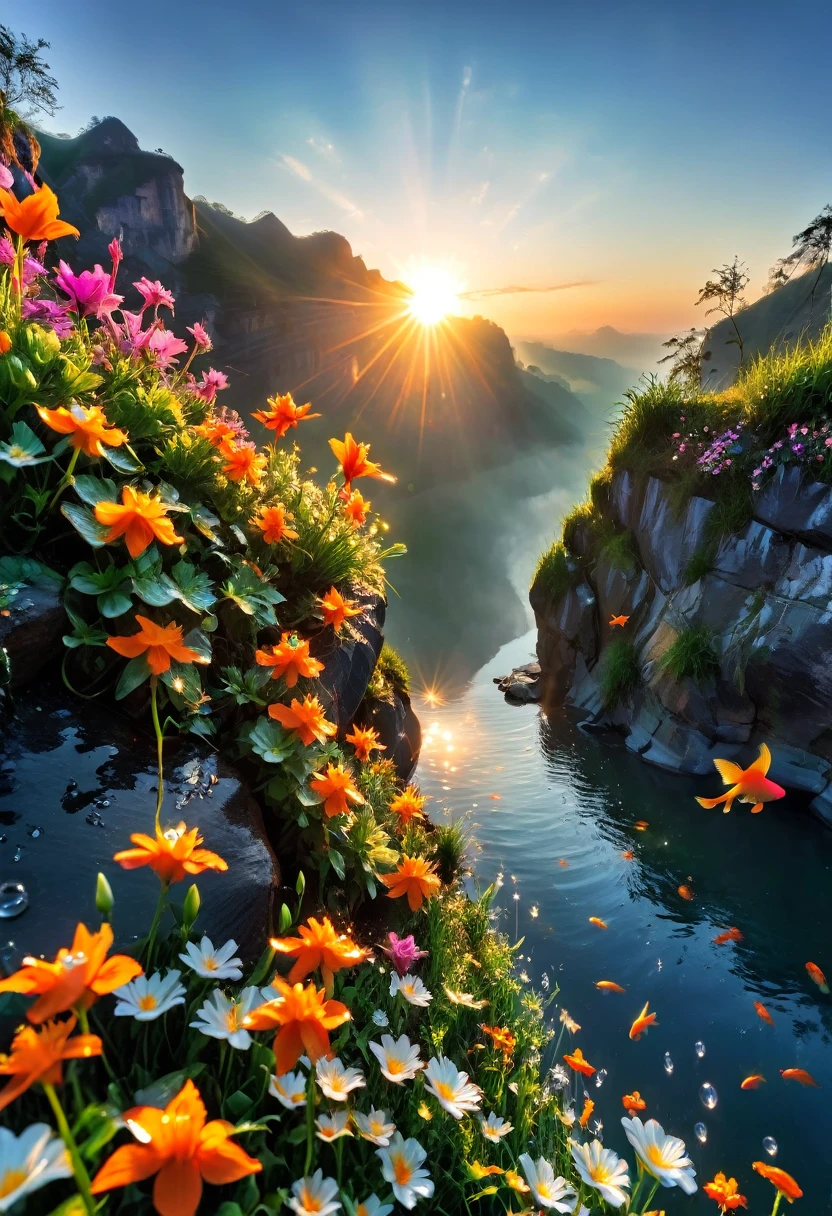 The first rays of sunlight in the morning，cliff，slopes，Dew drops on beautiful flowers，(sunrise)，Goldfish in the sky，Beautiful picture，HD Wallpapers