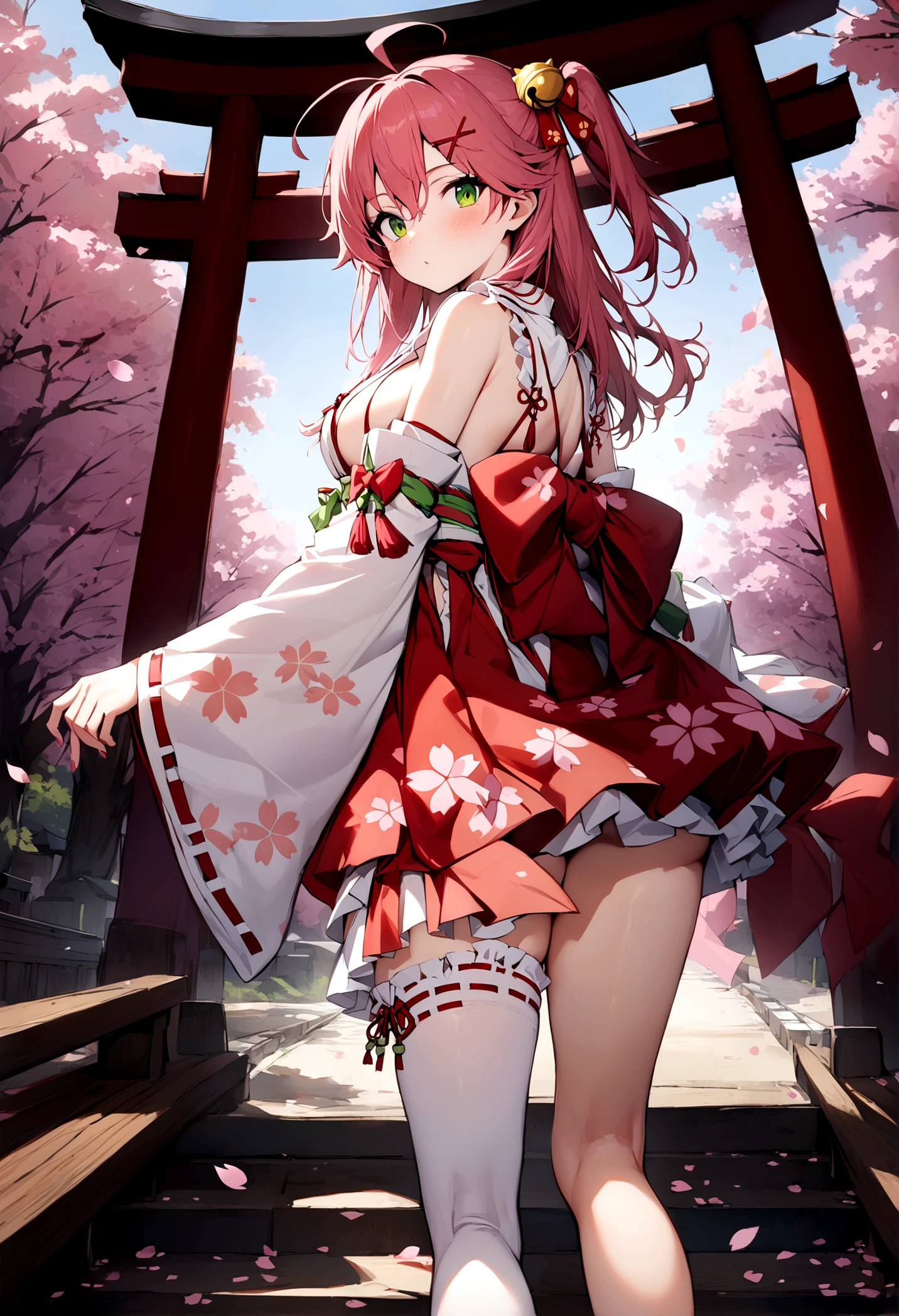 ((masterpiece,best quality)),1girls, cherry blossoms, day, flower, japanese clothes, looking at viewer, looking back, outdoors, standing, torii, tree, miko1, sakura miko, green eyes, solo, ahoge, x hair ornament, pink hair, single thighhigh, sideboob, hairclip, hair bell, floral print, long hair, hair between eyes, one side up, white thighhighs, asymmetrical legwear, wide sleeves