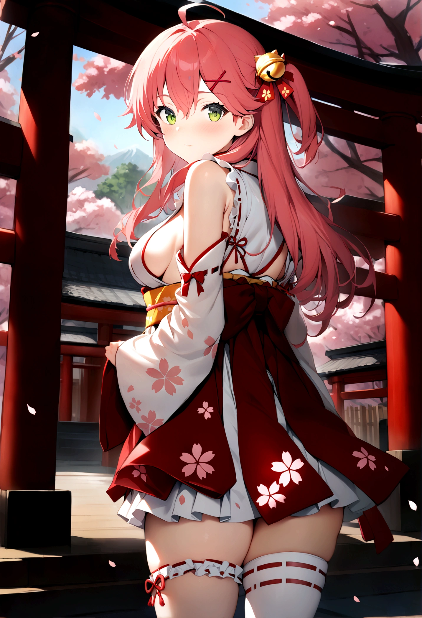 ((masterpiece,best quality)),1girls, cherry blossoms, day, flower, japanese clothes, looking at viewer, looking back, outdoors, standing, torii, tree, miko1, sakura miko, green eyes, solo, ahoge, x hair ornament, pink hair, single thighhigh, sideboob, hairclip, hair bell, floral print, long hair, hair between eyes, one side up, white thighhighs, asymmetrical legwear, wide sleeves