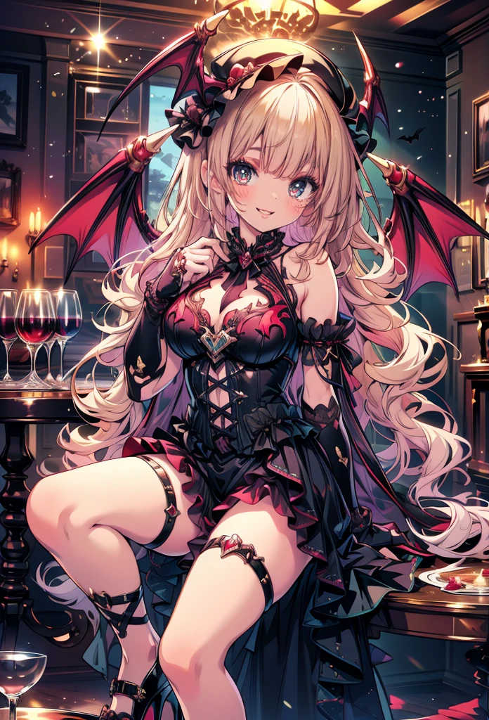 masterpiece, best quality, high resolution, extremely detailed CG, absurdres, highres, 1girl, solo, a vampire girl in  gothic costume, sat at a round table with a brandy glass filled with red wine, bat_wings on head, mini hat, heels, frills, luxury hall, Colorful portraits, smile