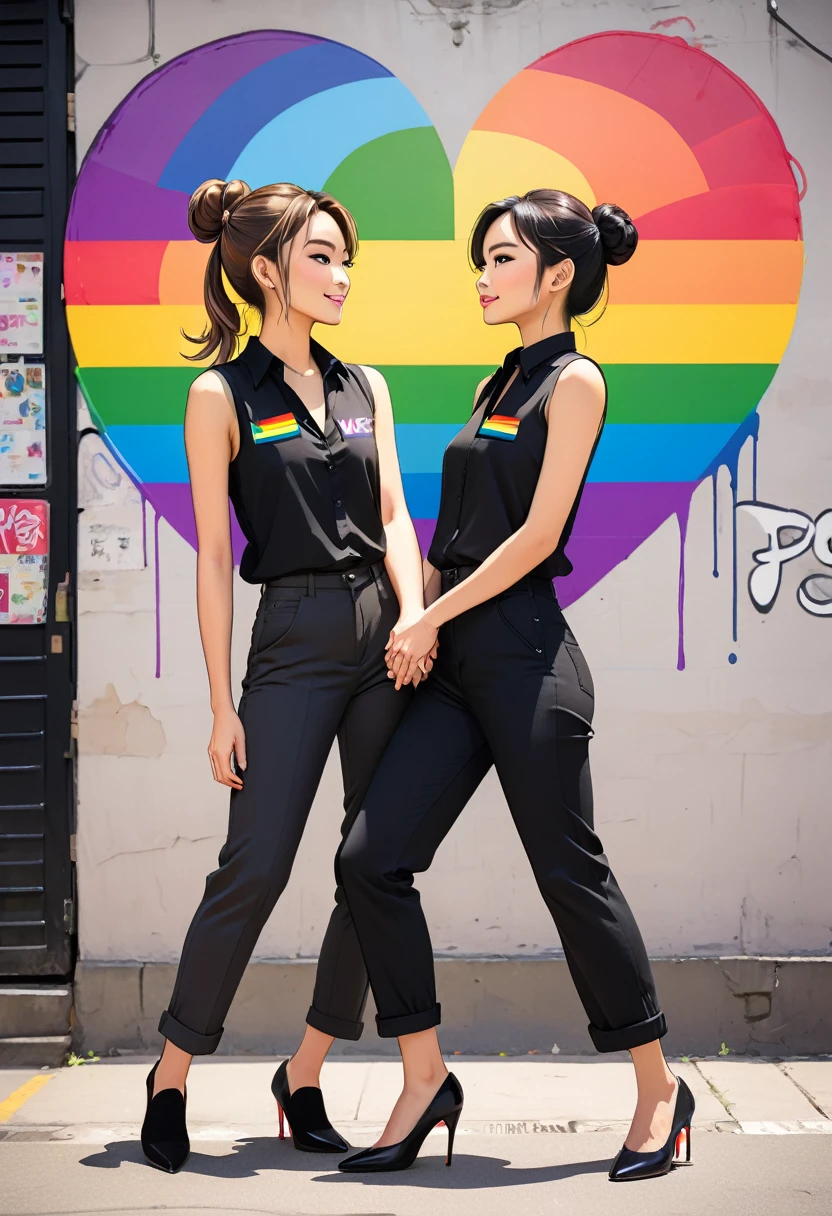 A vibrant and touching anime style illustration of two women expressing their love. FreenBecky's name "Love is Love" is written in bold, colorful graffiti-style letters, imitating the colors of the rainbow flag. The first woman is a British beauty with semi-long, loose, straight light brown hair, dressed casually in a black sleeveless shirt and black pants, with black high heels. The second woman, with Asian features, has black hair in a bun and wears a black sleeveless shirt with a lapel, black pants, and black high-heeled shoes. Her hands are clasped and holding a small rainbow flag. The dynamic composition shows the depth of their connection and the joy in their relationship. They pose for the cameras and are surrounded by flashes