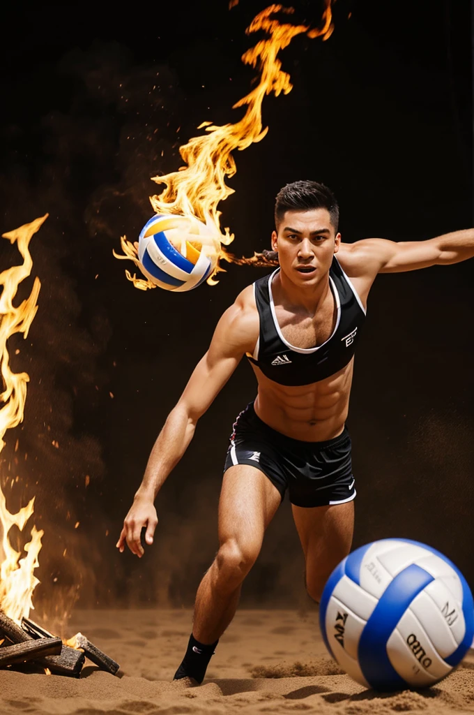 Sporting luxury logo killing a volleyball ball with male power and fire