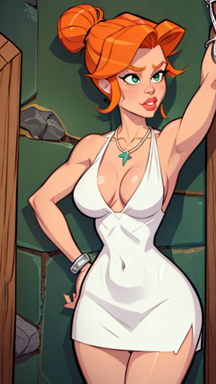 1girl, wilma, the flintstones, Best quality, masterpiece, cowboy shot, orange hair thight in a bun, green eyes, tight mini white dress made of leather and stiches cloth, bdsm, rope tie, shackles, prehistoric scene, necklace made by round white rocks in a row