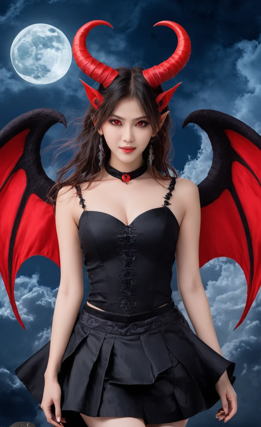 nanx, masterpiece, (best quality:1.2), [:intricate details:0.2], demon girl, skirt, (red eyes:1.3), demon horns, demon wings, demon tail, enchanting gaze, captivating pose, otherworldly charm, mystical sky, moonlit night, cloud,