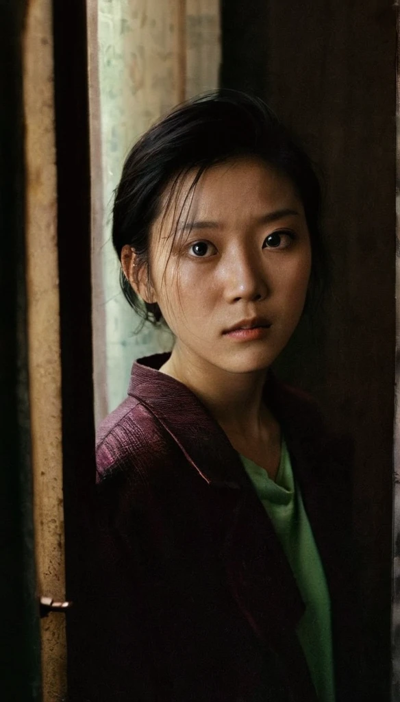 Extreme high angle shot from above, girl, looking at camera, drama movie, movie still, lighting through window, shadows on face, wong kar wai color palette
