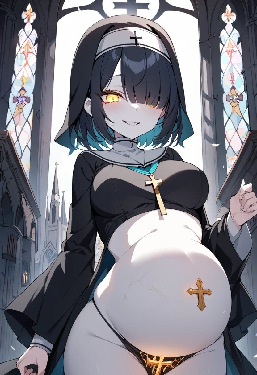 1girl, nun, cross, cross necklacke, jewelry, black hair, turquoise bangs, very short hair, hair over eyes, pale skin, medium breasts, yellow eyes, glowing eyes, black dress, church, evil smile, big belly, (amulet on belly), (amulet on navel) (glowing belly), onryo, terror scene, (masterpiece), best quality, anime style, ciel tsukihime
