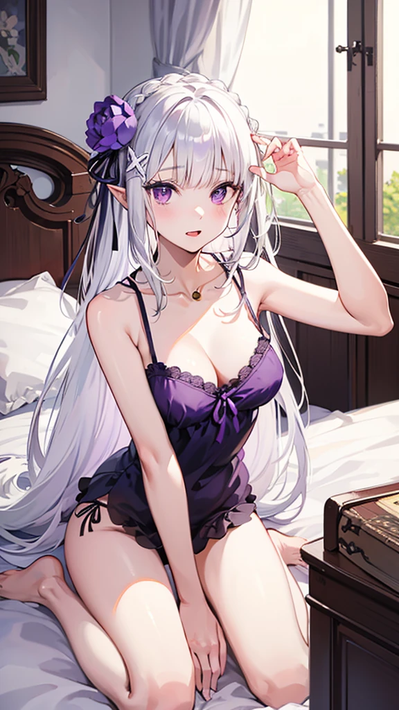 masterpiece, best quality, high resolution, best illustration, super fine illustration, (official art:0.7), (anime screencap:0.8), detailed beautiful face and eyes, anime keyvisual, (perfect anatomy:1.2), nice hands,
1girl,
long hair, low-tied long hair, braid, crown braid,
white hair,
(purple eyes:1.2), (beatiful detailed eyes:1.2),
(pointy ears:0.8),
flower, hair flower, hair ornament, hair ribbon, white flower, x hair ornament,
medium breasts,
(camisole:1.2), cleavage, side-tie panties, wariza,
looking at viewer,
cowboy shot, (naughty :1.3),(slut:1.25),(vulgarity:1.25),
natural light, BREAK background of indoor, lie on the bed, nsfw,