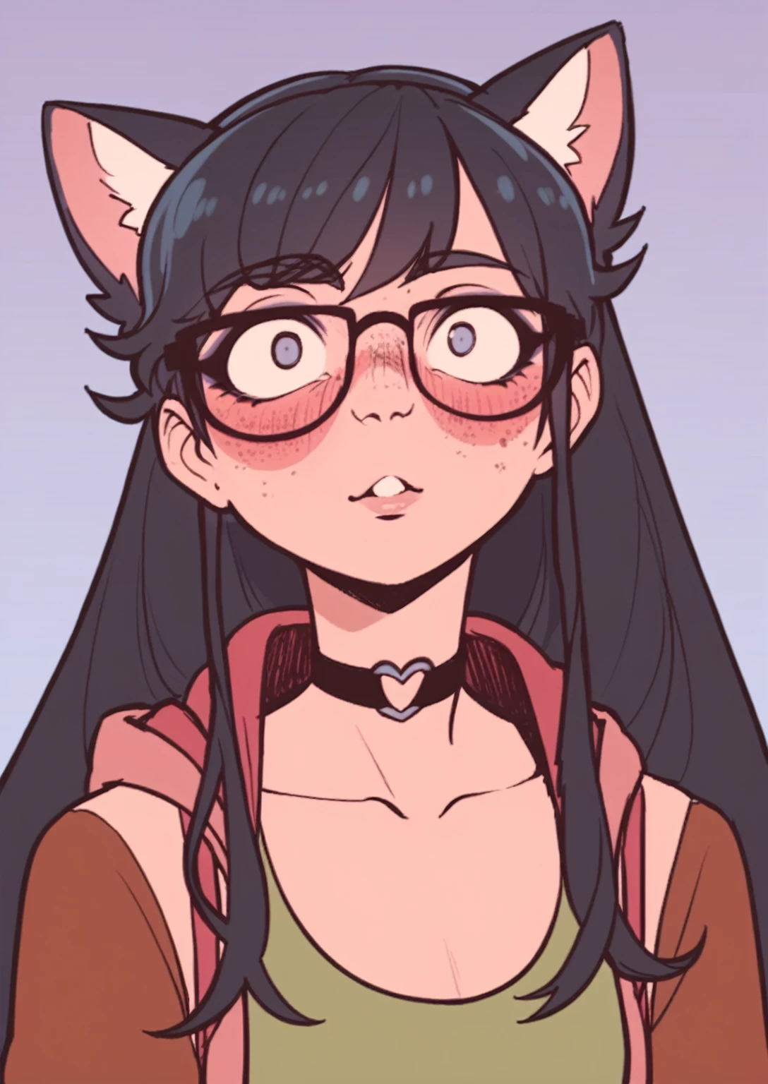 score_8_up, score_7_up, score_6_up, score_5_up, score_4_up, anime screenshot 1girl, solo, long hair, black hair, cat years, no freckles, thin glasses, standing, upper body, looking at viewer, jacket, shirt, choker , looking up, :3, squishing face with hands while blushing, downturned eyes