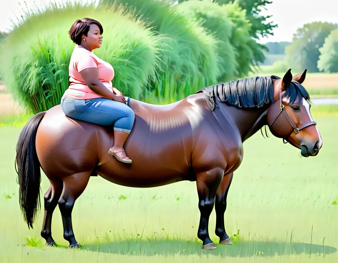 ((best quality)), ((masterpiece)), (detailed), 1 African woman, light brown  skinned. BBW  pony tail hair (green } ((((BLACK HAIR)))). full  side body view. nude.  brown lumps of excrement dripping from woman's big bum. sitting  on a huge fat wide Shire draft horse. standing in a meadow. full view horse and woman. grass field. 