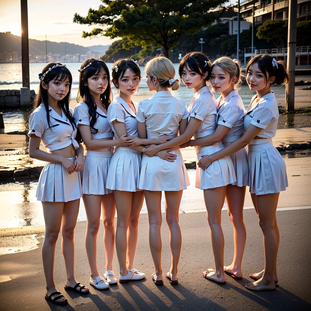 ((ExtremelyDetailed (12 KAWAII Girls in a row:1.37) at Dusk Enoshima Beach)), (masterpiece TopQuality) (photorealistic:1.37), {(Standing Full Body:1.2)|(from below:1.2)}, Different types of hair colors, {School Uniform|naked bandage|tutu}, PUNIPUNI, Joyful Expressions LifeLike Rendering, VolumetricLighting